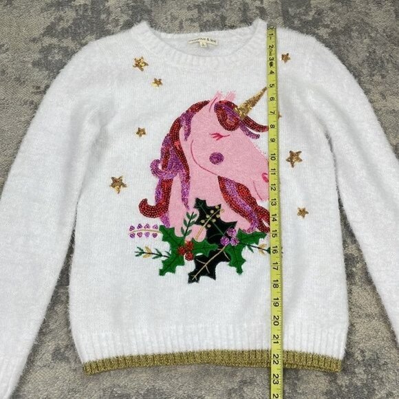 New Margaux and Lexi Sequin Unicorn Eyelash Sweater Christmas Soft White Pink L - Picture 8 of 12